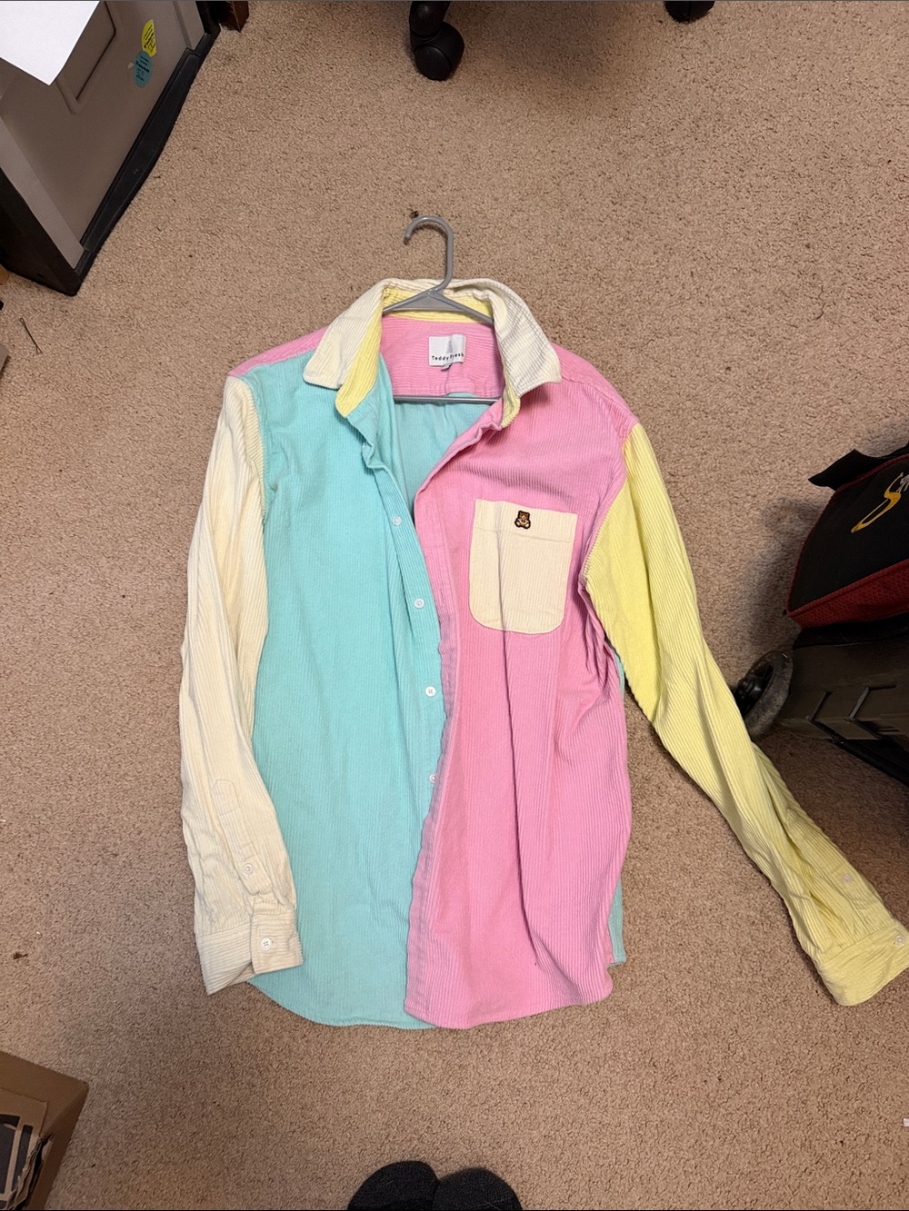 Teddy Fresh Colorblock Corduroy Button-Up Shirt in Pastel Mint, Pink & Yellow